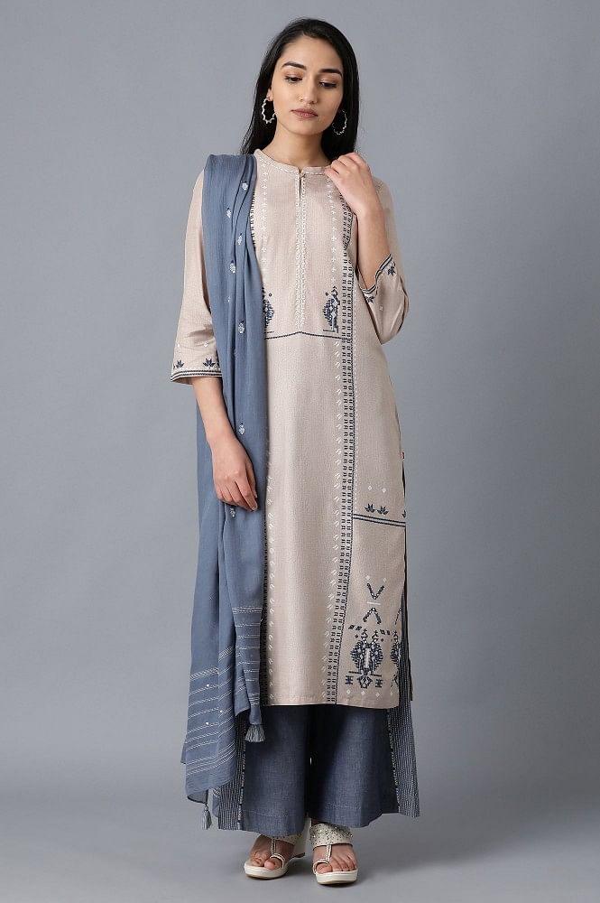 Beige Mandarin Neck kurta - wforwoman