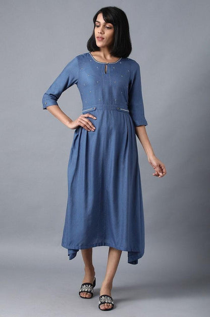 Blue Round Neck Flared Dress - wforwoman