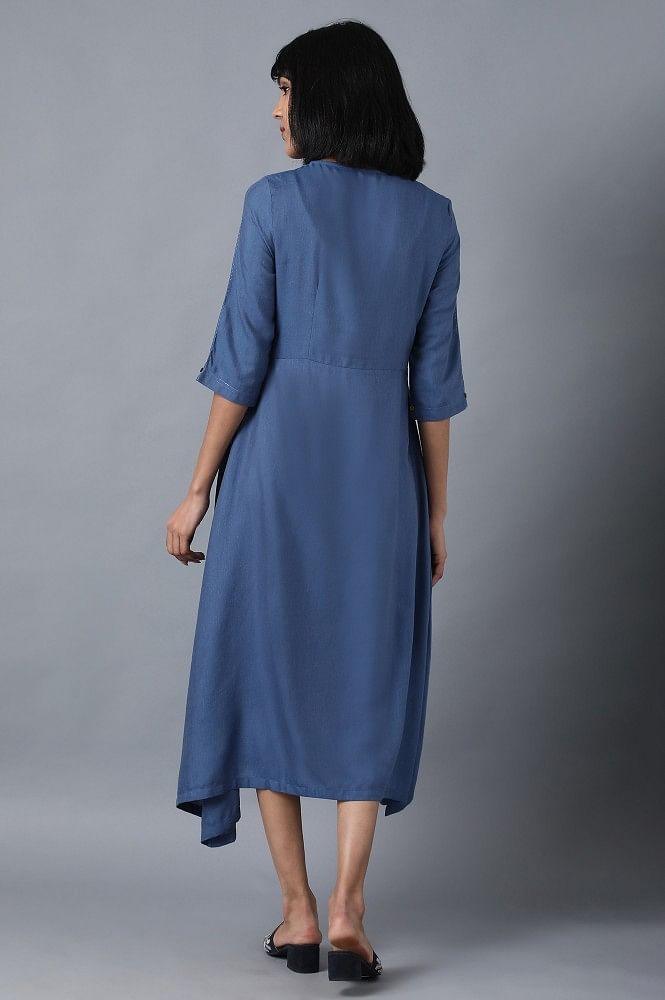 Blue Round Neck Flared Dress - wforwoman