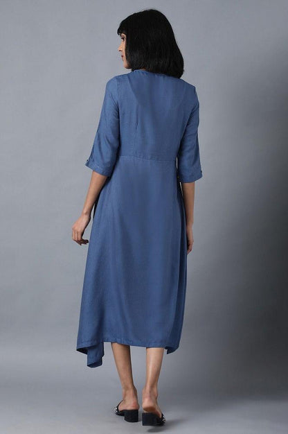 Blue Round Neck Flared Dress - wforwoman