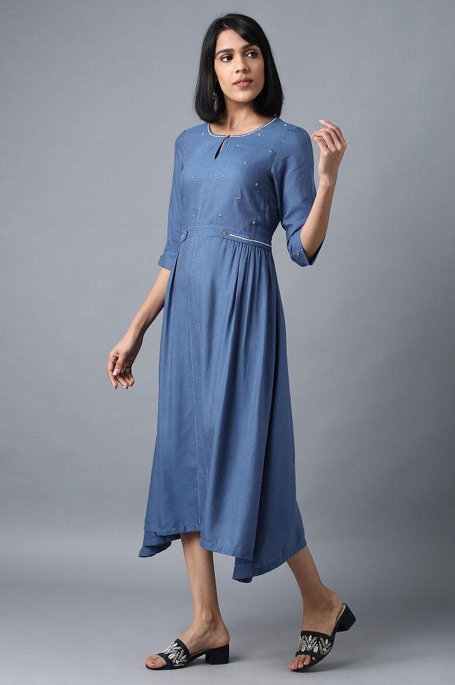 Blue Round Neck Flared Dress - wforwoman
