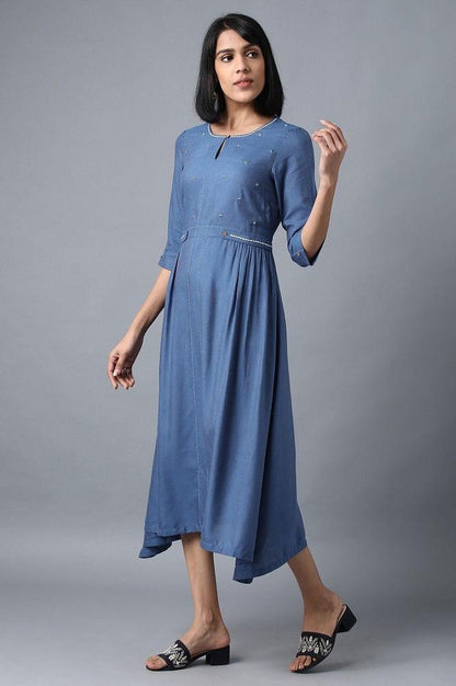 Blue Round Neck Flared Dress - wforwoman