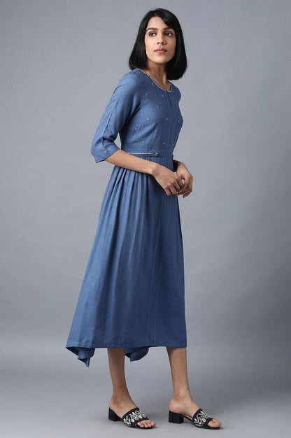Blue Round Neck Flared Dress - wforwoman