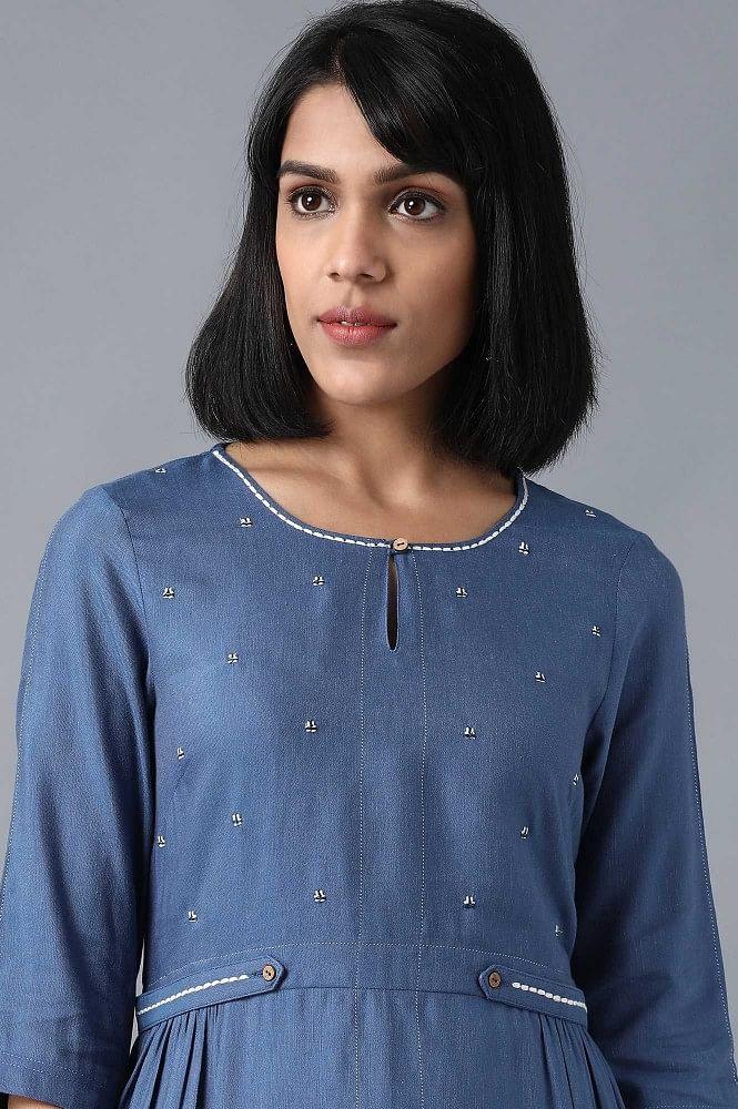 Blue Round Neck Flared Dress - wforwoman