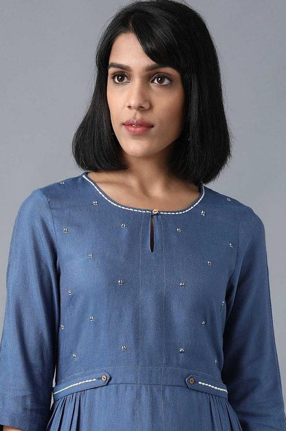 Blue Round Neck Flared Dress - wforwoman