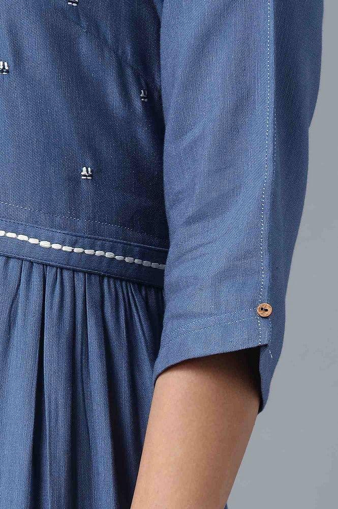 Blue Round Neck Flared Dress - wforwoman