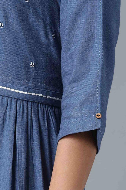 Blue Round Neck Flared Dress - wforwoman