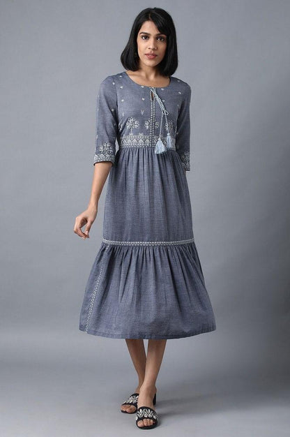 Blue Round Neck Tiered Dress - wforwoman