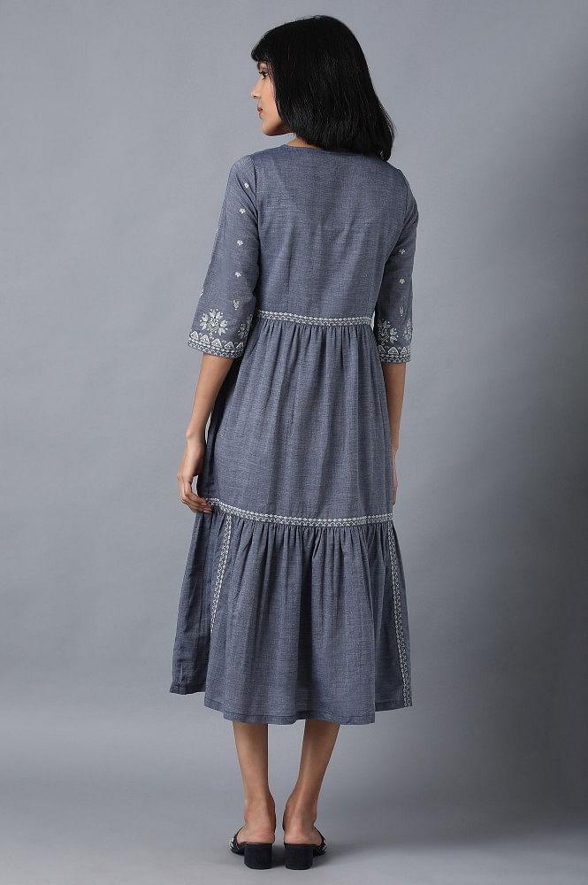 Blue Round Neck Tiered Dress - wforwoman