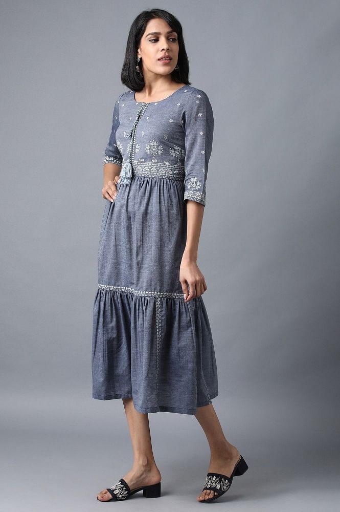 Blue Round Neck Tiered Dress - wforwoman