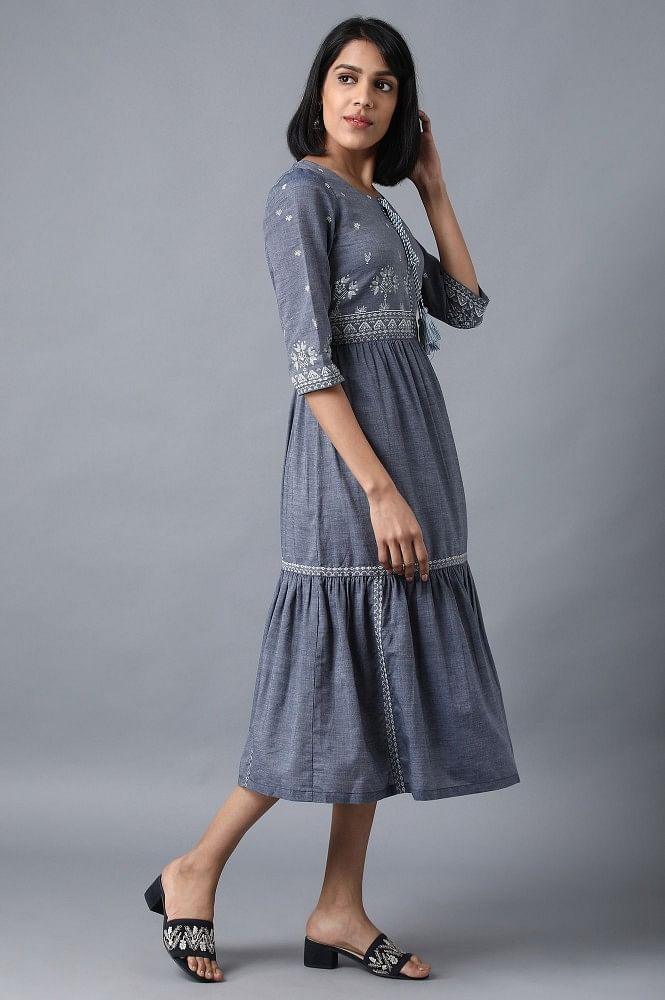 Blue Round Neck Tiered Dress - wforwoman