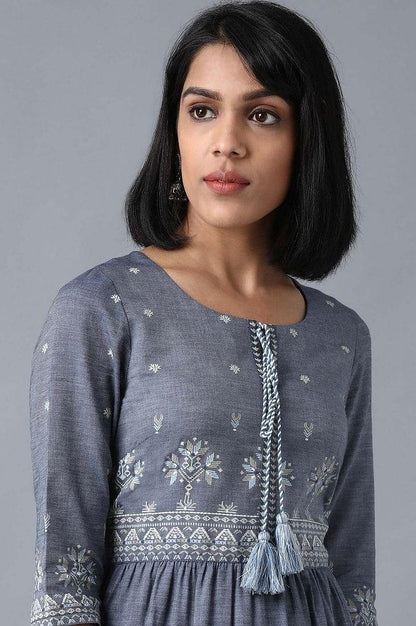 Blue Round Neck Tiered Dress - wforwoman