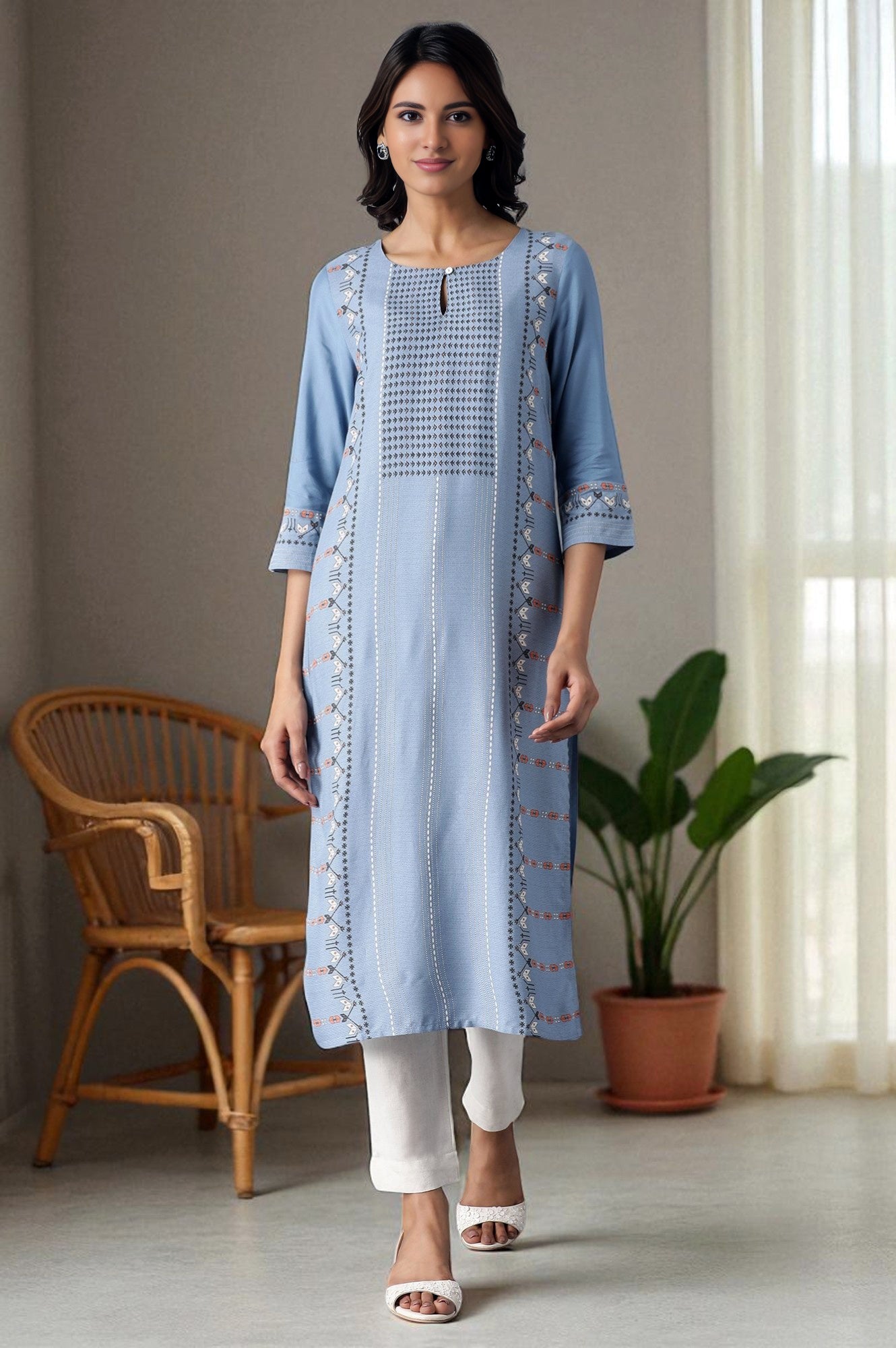 Denim Blue Round Neck Straight Kurta
