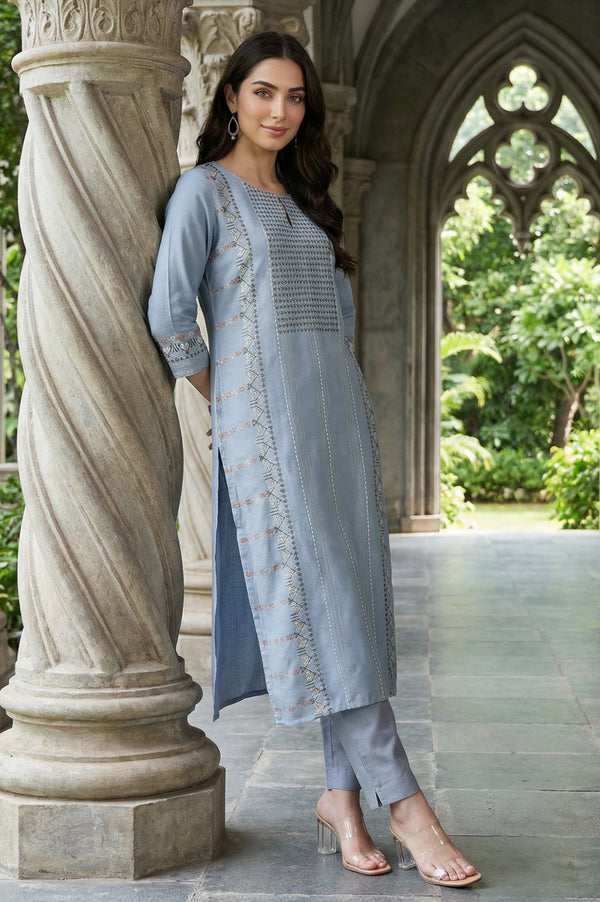 Denim Blue Round Neck Straight Kurta