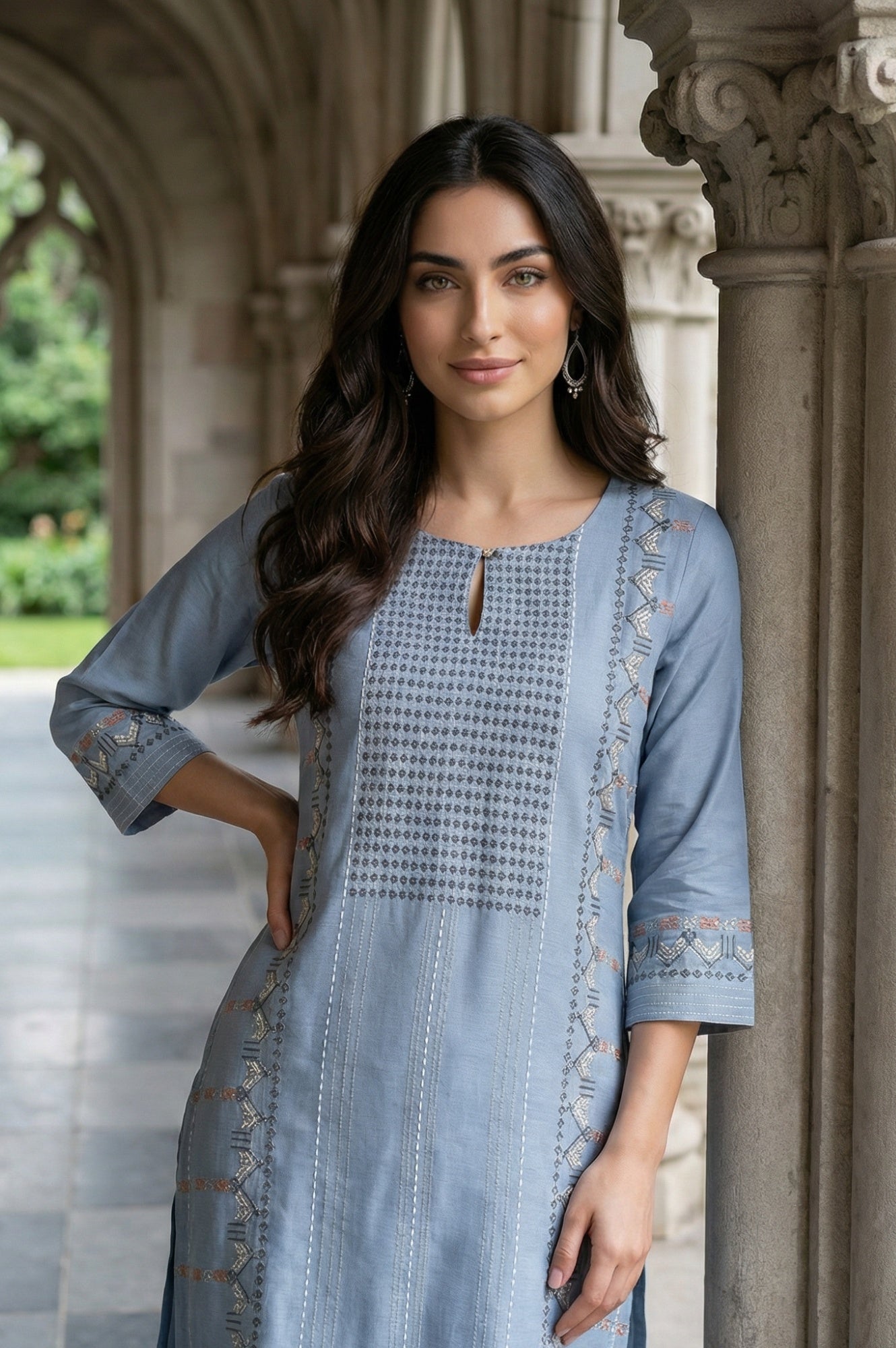 Denim Blue Round Neck Straight Kurta