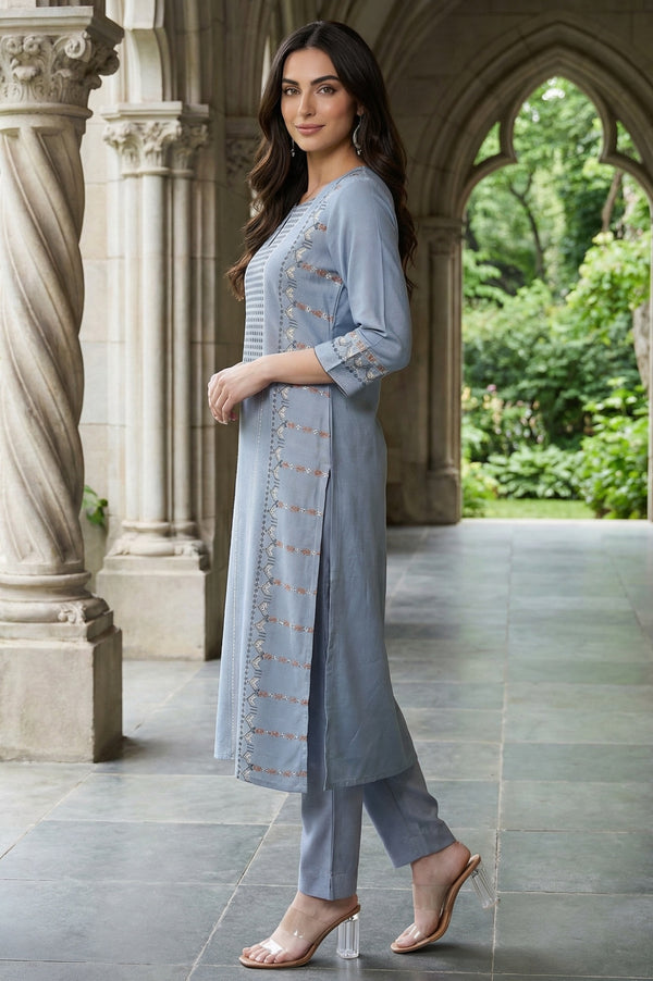 Denim Blue Round Neck Straight Kurta