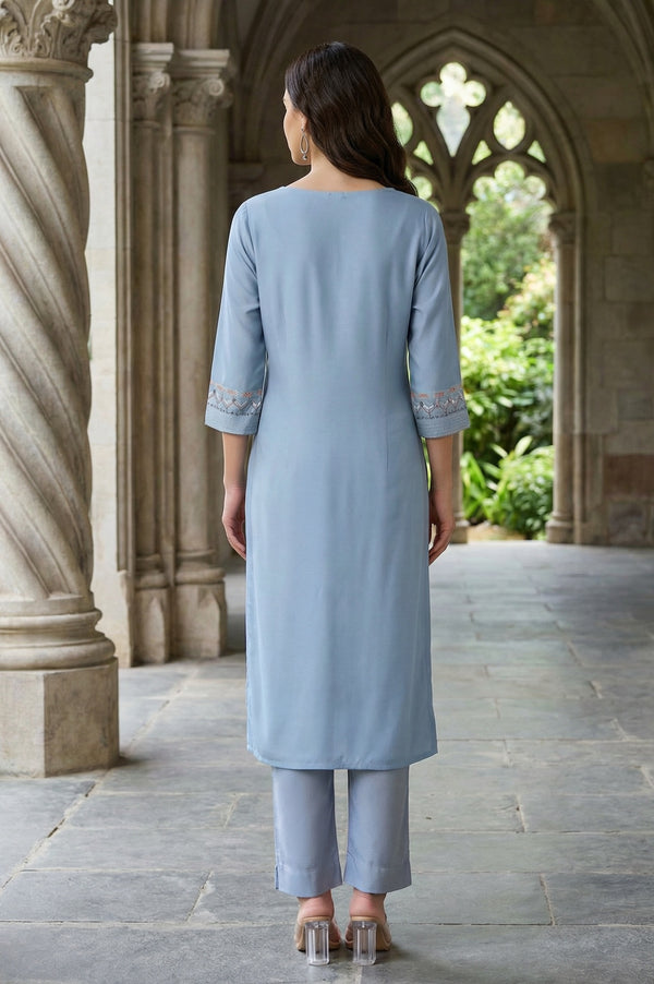Denim Blue Round Neck Straight Kurta