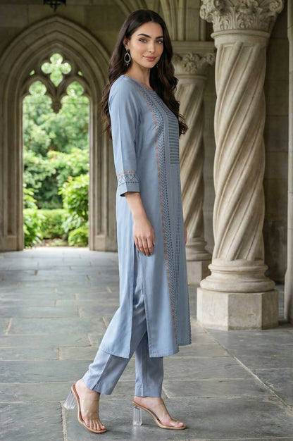 Denim Blue Round Neck Straight Kurta