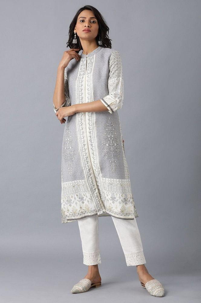 Grey Mandarin Neck Printed kurta - wforwoman