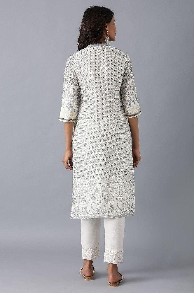 Grey Mandarin Neck Printed kurta - wforwoman