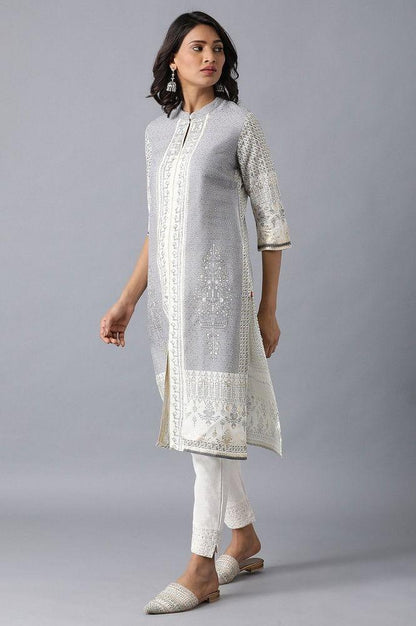 Grey Mandarin Neck Printed kurta - wforwoman