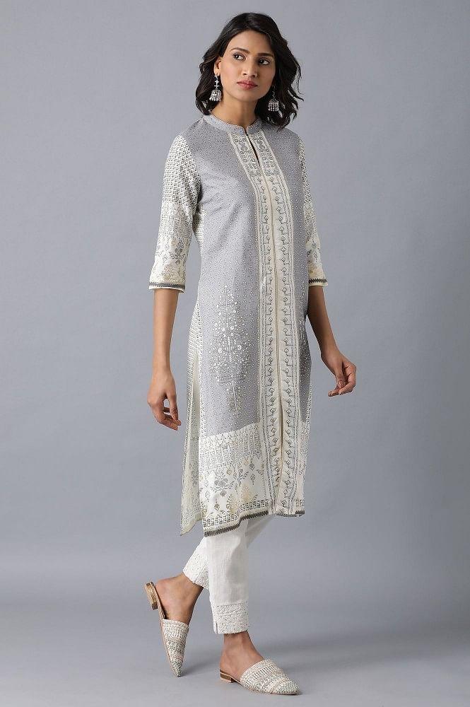 Grey Mandarin Neck Printed kurta - wforwoman