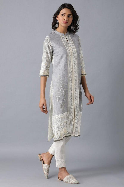 Grey Mandarin Neck Printed kurta - wforwoman