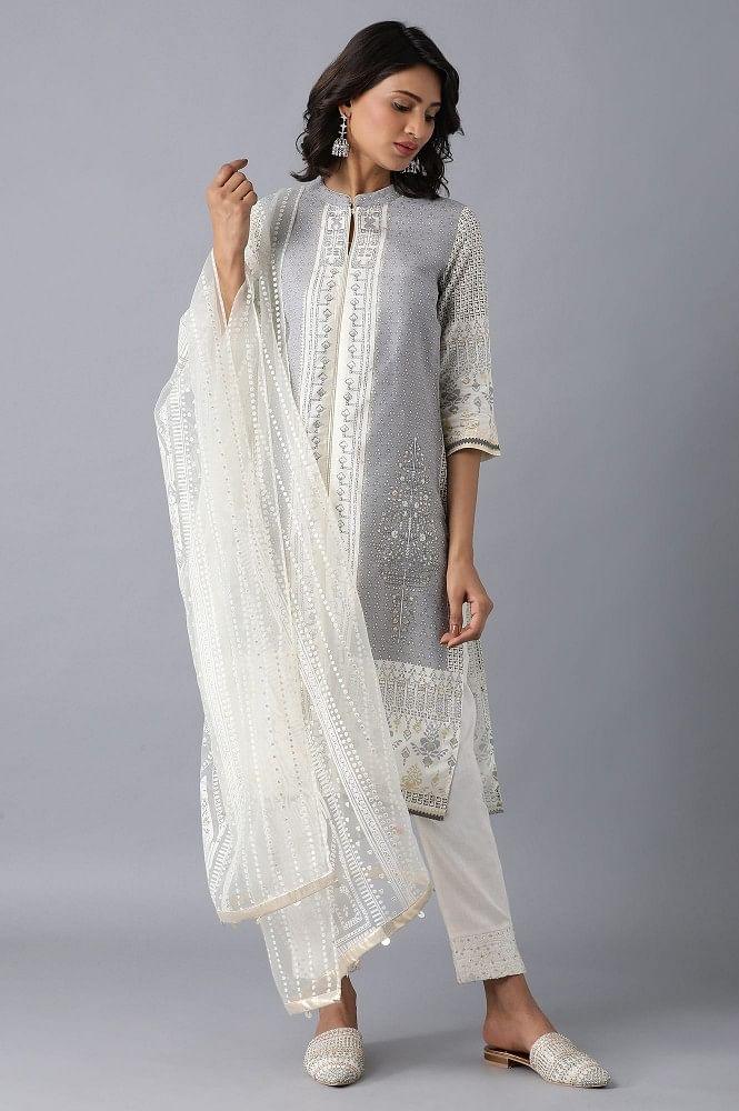 Grey Mandarin Neck Printed kurta - wforwoman