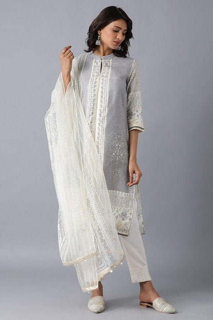 Grey Mandarin Neck Printed kurta - wforwoman