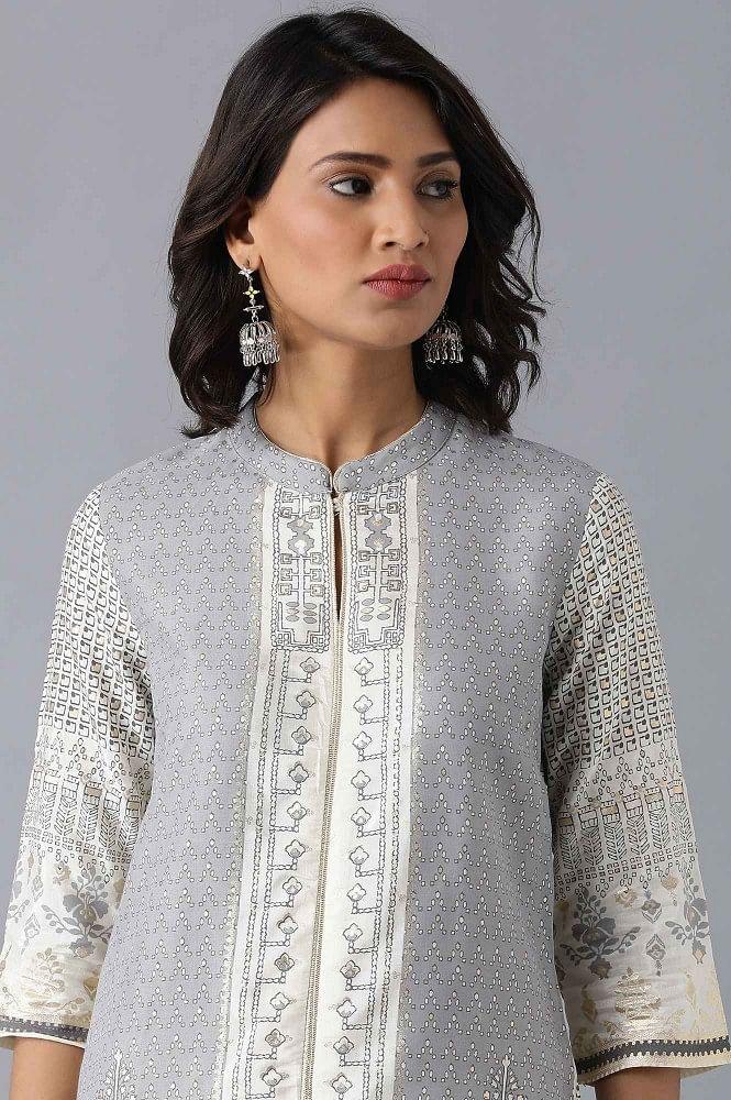 Grey Mandarin Neck Printed kurta - wforwoman