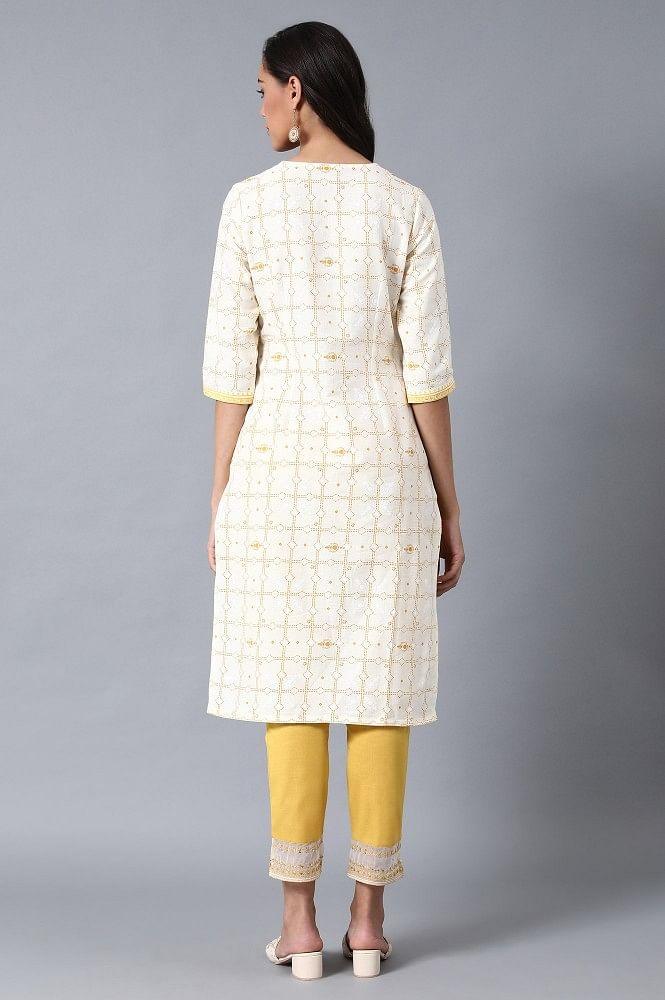 Yellow Round Neck Printed kurta - wforwoman
