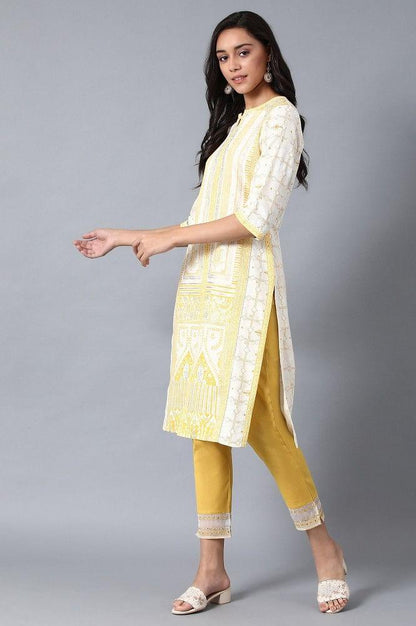 Yellow Round Neck Printed kurta - wforwoman