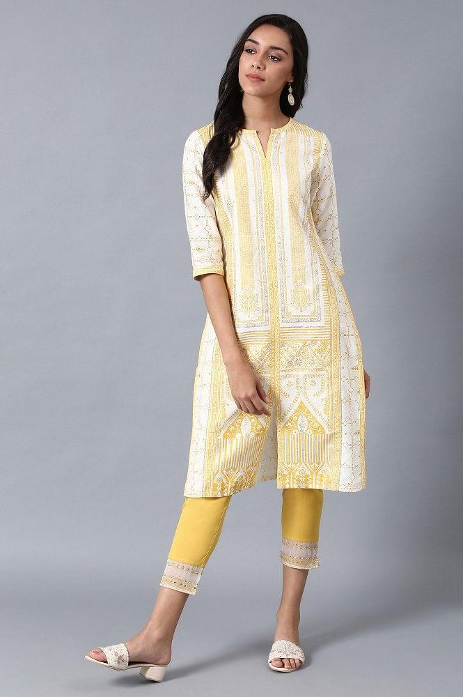 Yellow Round Neck Printed kurta - wforwoman