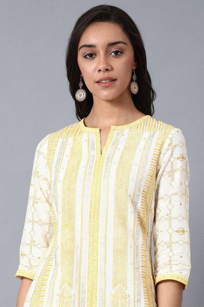 Yellow Round Neck Printed kurta - wforwoman