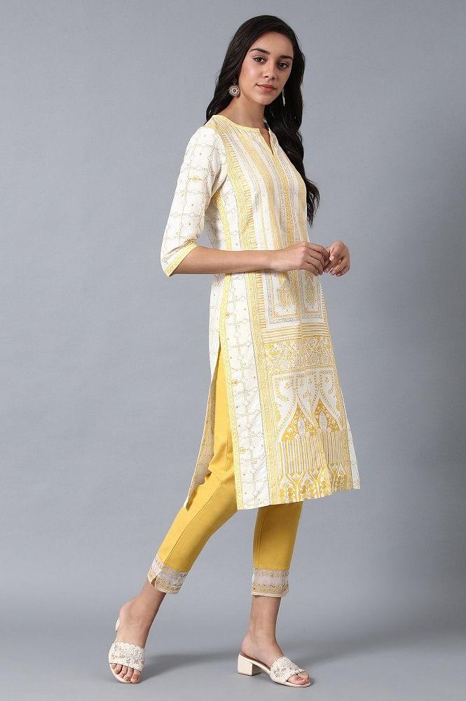Yellow Round Neck Printed kurta - wforwoman