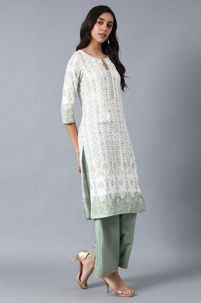 Green Round Neck Glitter Print Livaeco kurta - wforwoman