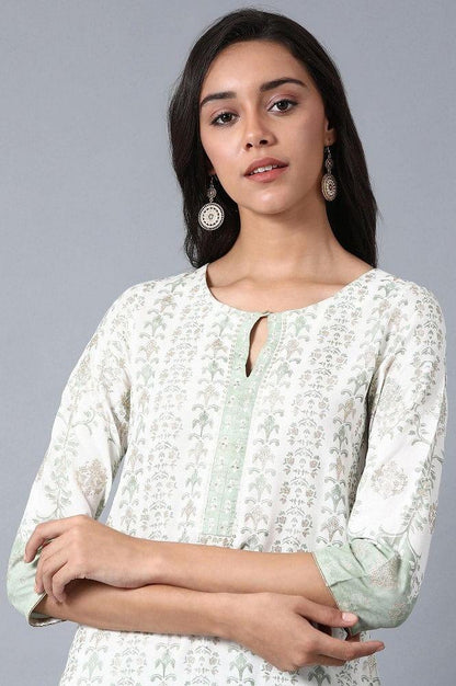 Green Round Neck Glitter Print Livaeco kurta - wforwoman