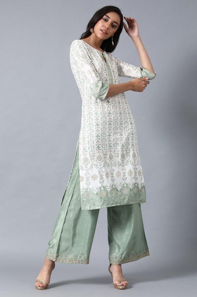 Green Round Neck Glitter Print Livaeco kurta - wforwoman