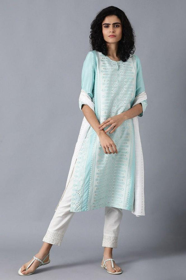 Blue Round Neck Glitter Print kurta