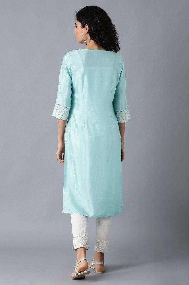 Blue Round Neck Glitter Print kurta - wforwoman