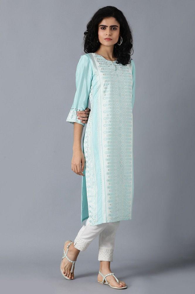 Blue Round Neck Glitter Print kurta - wforwoman