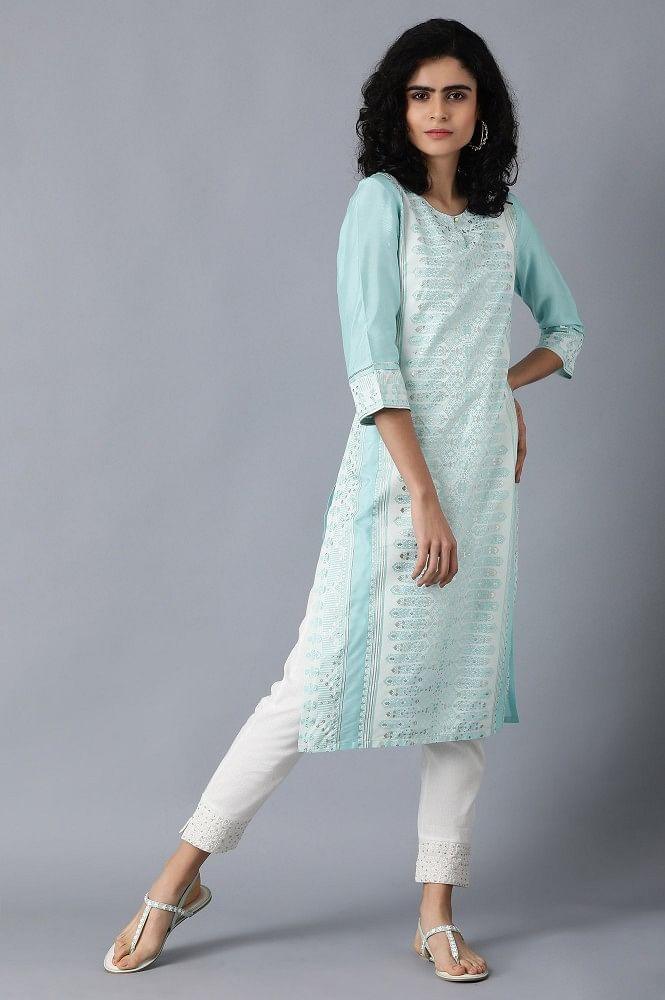 Blue Round Neck Glitter Print kurta - wforwoman