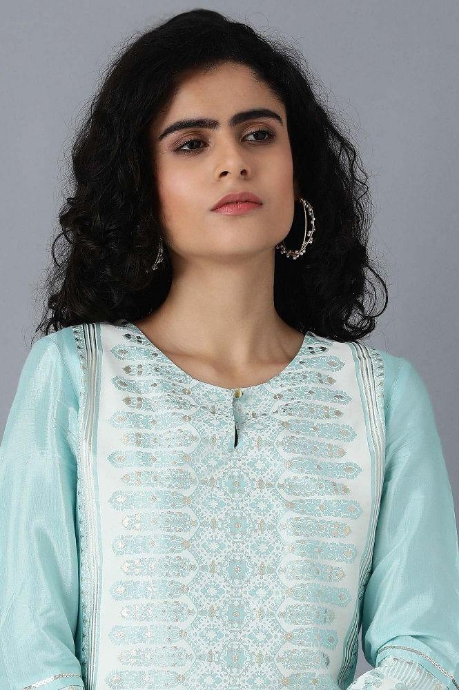 Blue Round Neck Glitter Print kurta - wforwoman