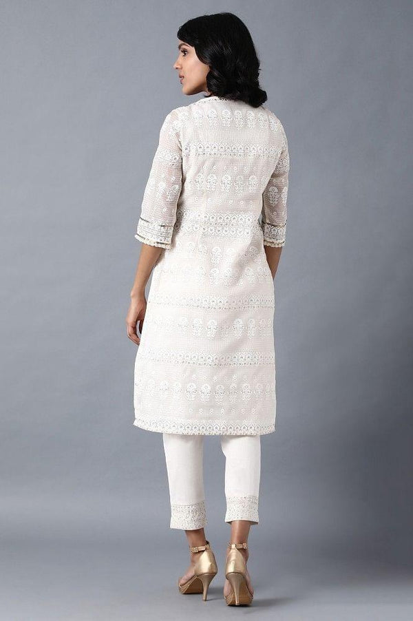 White Round Neck Printed kurta