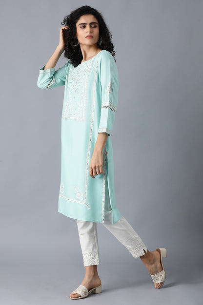 Blue Round Neck Glitter Printed Livaeco kurta