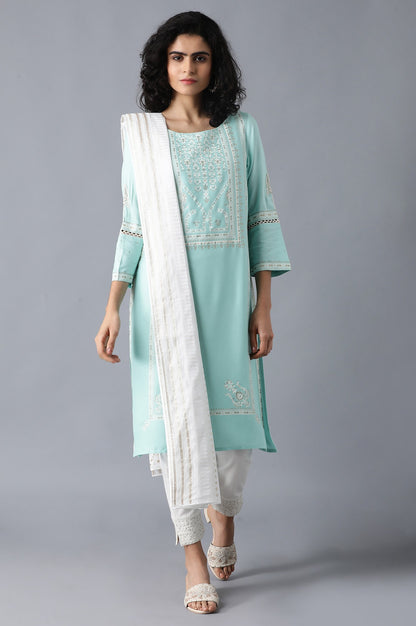Blue Round Neck Glitter Printed Livaeco kurta