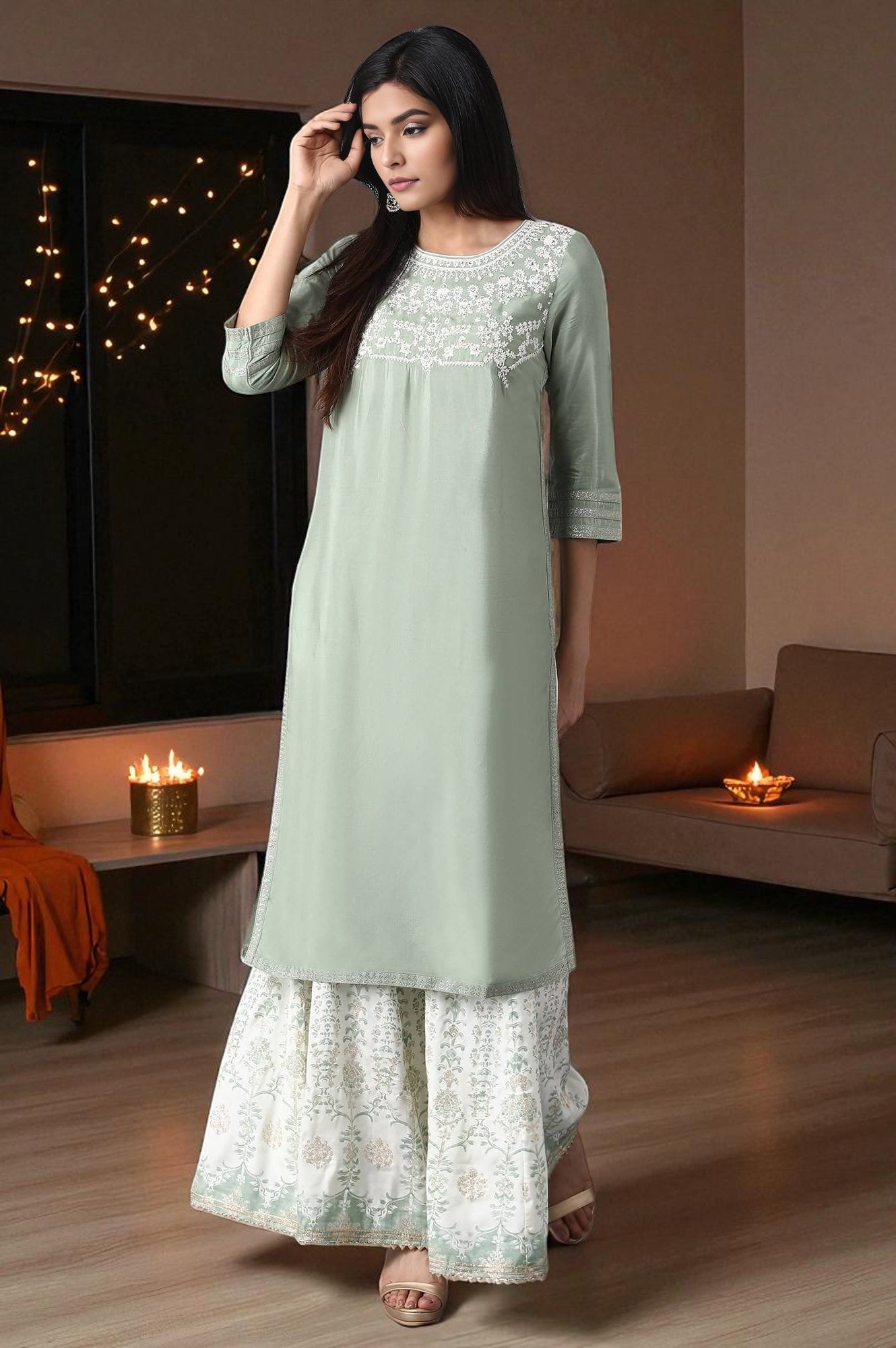 Green Round Neck Embroidered kurta