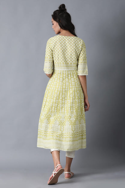 Green Round Neck Printed Anarkali kurta