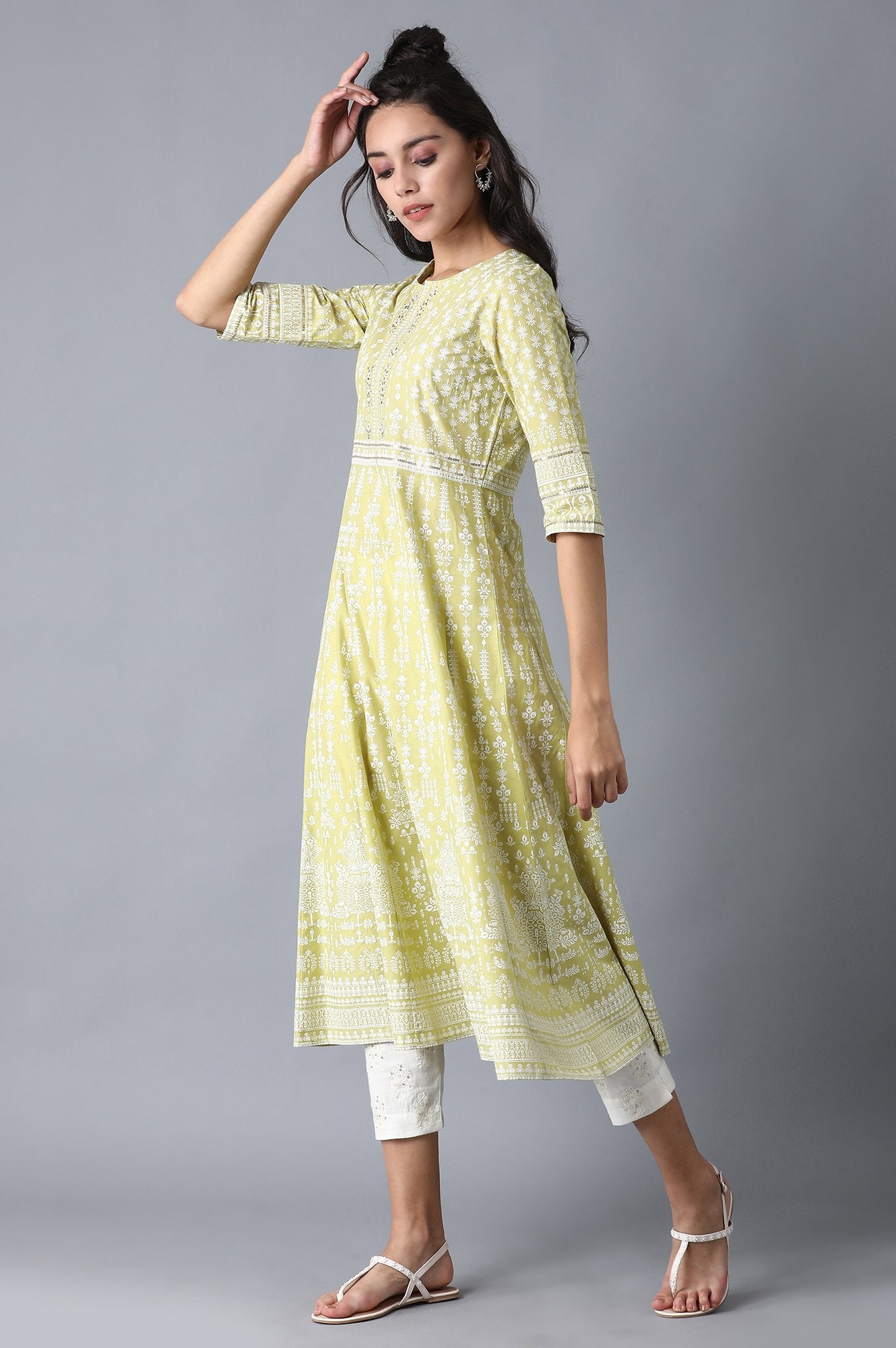 Green Round Neck Printed Anarkali kurta