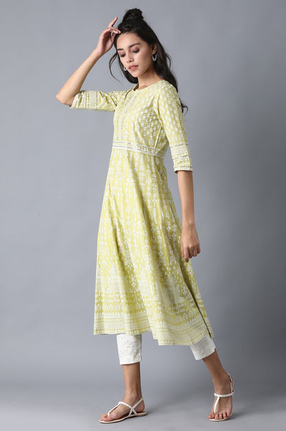 Green Round Neck Printed Anarkali kurta